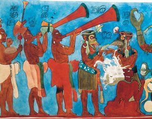 Reproduktion der Bonampak-Fresken, Detail mit Musikern aus Mexiko, Chiapas, Bonampak