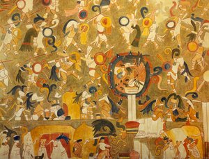 Rekonstruktion eines Maya-Gemäldes aus Chichen Itza (Yucatan, Mexiko), das eine Kampfszene darstellt. Maya-Zivilisation.