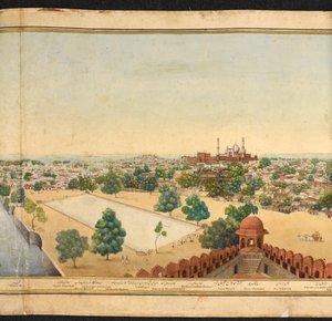 Abschnitt eines Panoramas von Delhi, zeigt die Jama Masjid von Mazar or Mazhar Ali Khan