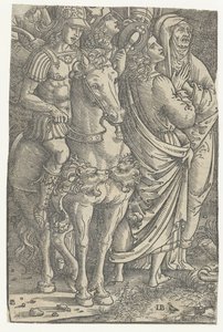 Fragment einer Kreuzigung mit Johannes dem Evangelisten und Maria und Soldaten von Meester IB met de vogel