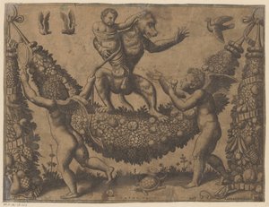 Putti, die einen Affen verspotten von Meester van de Dobbelsteen