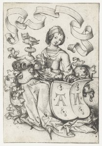 Dame mit Eule und Wappenschild mit den Buchstaben AN