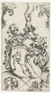 Wappenschild mit Akrobaten und Schwertkämpfern von Meester van het Amsterdamse Kabinet