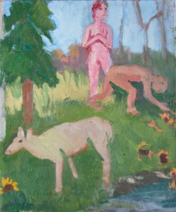 Zwei Figuren mit einer weiblichen Elchkuh, 2016