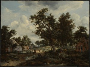 Waldlandschaft mit Reisenden auf einem Pfad durch ein Dorf