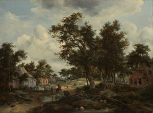 Waldlandschaft mit Reisenden auf einem Pfad durch ein Dorf, um 1665