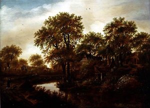 Flusslandschaft mit Hütten und Bauern