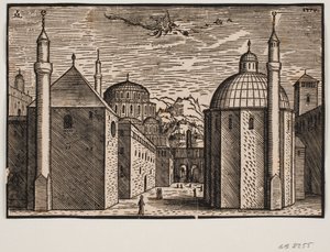 3 Moscheen, jede mit 1 Minarett; am Himmel ein fliegender Drache mit langem Schwanz