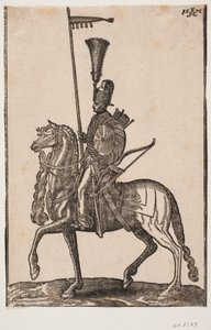 Berittener Soldat, Profil nach links; Lanze mit Wimpel, Bogen daneben, runder Schild, Köcher; Kopfbedeckung mit Federbusch von Melchior Lorck