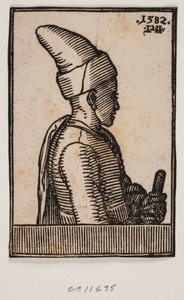Büste eines jungen Mannes mit spitzem Hut und Stab in der linken Hand, Profil nach rechts