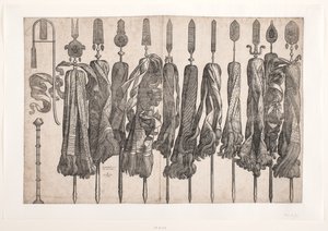 Elf religiöse Standarten und zwei (vermutlich) Blasinstrumente von Melchior Lorck