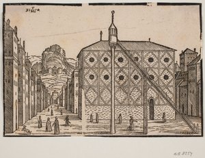 Straße, im Vordergrund Moschee und freistehendes Minarett