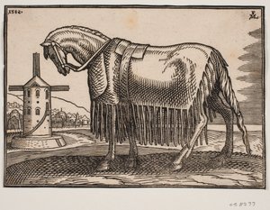 Pferd, bedeckt mit Schabracke, Profil nach links von Melchior Lorck