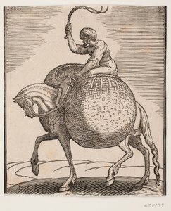 Pferd mit Reiter und zwei kugelförmigen Körben zum Transport von Gemüse von Melchior Lorck