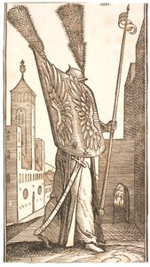 Stehender Soldat mit einem Schild, der mit Adlerflügeln verziert ist, und einem Helm, der mit einer riesigen Feder geschmückt ist