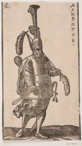 Stehender Soldat, nach rechts gewandt; Kopfbedeckung mit sehr hohem aufrechtem Federbusch; in der linken Hand ein Bogen mit großen Federn an beiden Enden; in der rechten Hand ein Pfeil; auf dem Rücken ein Köcher und an der Seite ein Schwert von Melchior Lorck