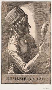 Porträt der Sultanin, spiegelnd, Profil nach rechts: RAHEME SOLTANE. von Melchior Lorck