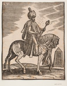 Reiter mit Turban, Schwert an der rechten Seite und Keule in der linken Hand, Profil nach rechts; im Hintergrund ein Obelisk von Melchior Lorck