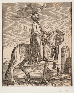 Reiter mit Turban, mit Keule an der rechten Seite des Pferdes; Profil nach rechts; auf der rechten Seite des Bildes eine Mauer mit einem Tor und einem runden Turm von Melchior Lorck