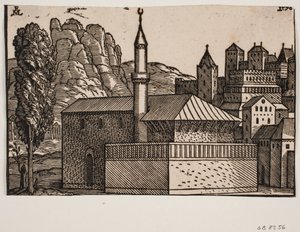 Unidentifizierte Moschee mit 1 Minarett, links hoher Baum von Melchior Lorck