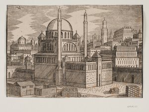 Unidentifizierte Moschee mit 2 Minaretten, von Nordosten gesehen; im Vordergrund Baustelle mit gestapelten Bausteinen