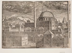 Unidentifizierte Moschee mit 2 Minaretten, von Südosten gesehen; links ein Berg mit befestigter Stadt