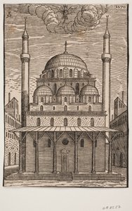 Unidentifizierte Moschee mit einem drachenähnlichen Teufel darüber schwebend