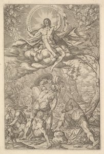 Auferstehung Christi, umgeben von einer Aureole und Wolken mit Reihen von geflügelten Putti, 1577