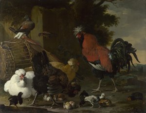 Ein Hahn, Hennen und Küken, ca. 1668-1670 von Melchior de Hondecoeter
