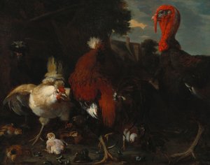 Eine Henne, ein Hahn und ein Truthahn in einem Bauernhof von Melchior de Hondecoeter