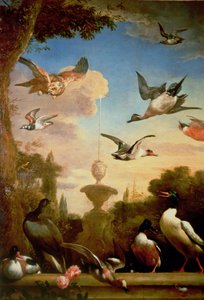 Eine Stockente und ein Steinadler in einer klassischen Gartenlandschaft von Melchior de Hondecoeter