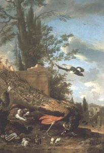 Ein Pfau und ein Spaniel im Garten einer Villa von Melchior de Hondecoeter