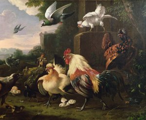 Ein Hahn und anderes Geflügel in einer Landschaft von Melchior de Hondecoeter