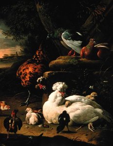Eine Henne mit Küken, ein Hahn und Tauben in einer Landschaft