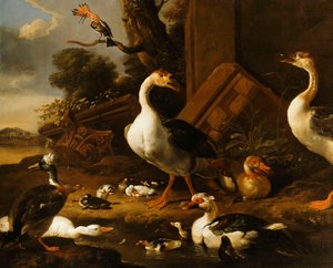 Chinesische und ägyptische Gänse und andere Vögel in einer Landschaft mit Ruinen in der Nähe von Melchior de Hondecoeter
