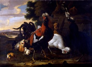 Hahn, Hennen und Küken an einem Zaun in einer bewaldeten Landschaft von Melchior de Hondecoeter
