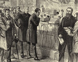 Eröffnung der anglo-englischen Telefonleitung. Das erste Telefongespräch von London nach Paris im General Post Office, London. Bell-Instrumente wurden am Londoner Ende verwendet. Holzstich Paris 28. März 1891. Gravur.
