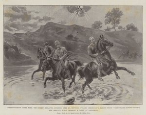 Korrespondenten unter Beschuss, der feindliche Schrapnell explodiert über Mr. Nevinson (Daily Chronicle), Melton Prior (Illustrated London News) und Diener, als sie einen Drift in Ladysmith überqueren von Melton Prior
