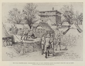 Der Aufstand an der indischen Grenze, Hauptquartierlager in Bagh, geschützt gegen das Feuer des Feindes in das Lager bei Nacht von Melton Prior