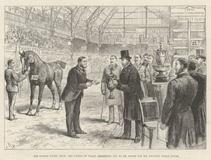 Die Londoner Pferdeschau, der Prinz von Wales überreicht Mr. Moore den Pokal für sein Hackney-Pferd Rufus von Melton Prior