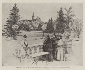 Der Besuch der Königin bei der Kaiserin Friedrich in Friedrichshof, Ihre Majestät auf der Schlossterrasse von Melton Prior