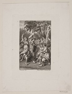 Illustration mit antik gekleideten feiernden Menschen in einem Garten von Meno Haas
