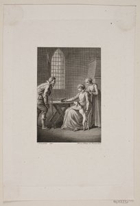 Illustration mit einem Wächter vor einer sitzenden und einer stehenden Frau von Meno Haas