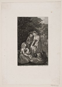 Illustration mit vier Personen um einen kranken Jungen im Wald von Meno Haas