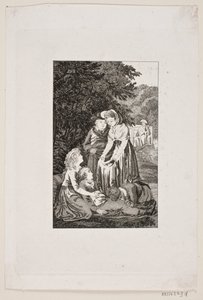 Illustration mit vier Personen um einen kranken Jungen im Wald von Meno Haas