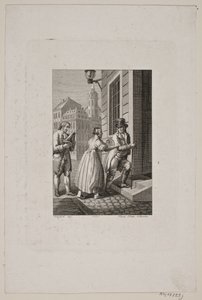 Illustration mit Frau, die einen Herrn an einem Tor aufhält, während ein Diener zusieht von Meno Haas