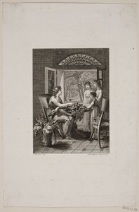 Illustration mit Frauen an einem Tisch in einem Gartenhaus von Meno Haas
