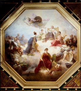 Frankreich, inmitten der gesetzgebenden Könige und französischen Juristen, erhält die Verfassungsurkunde von Ludwig XVIII., Decke des Camondo-Zimmers, Louvre, Paris