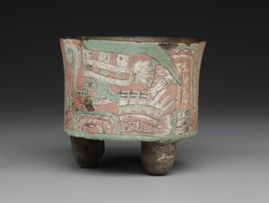 Zylindrisches Dreibeingefäß mit zwei Figuren mit Schutzbrillen, ca. 400-650 n. Chr.