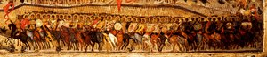 Gesegnet sei das Heer des Königs des Himmels (Detail): untere Kriegerreihe geführt von Alexander Newski und Sankt Georg, 1550er Jahre